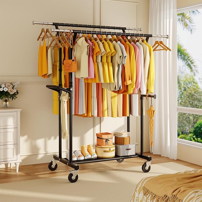 800LBS Heavy Duty Clothes Rack: Rolling Clothing Rack for Hanging Coat Double Rods Portable Wardrobe Garment Racks with Wheels Shelf Sturdy Metal Adjustable Bedroom Laundry Living Room (Brown)