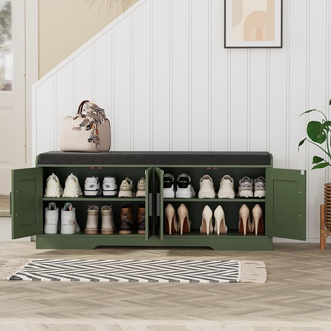 Homleke Shoe Storage Bench, 4 Doors & Thickened Padded Seat Cushion | 2-Tier Shoe Bench, Entryway Bench, Adjustable Shelf, 13.8" D x 45.3" W x 18.5" H, for Living Room, Bedroom, Green