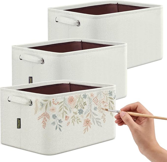 BALEINE 3 Pack Fabric Closet Storage Bins for Shelves, Linen Closet Organizers and Storage, Decorative Baskets for Organizing, Shelf, Clothes, Home, Office (White, 12"x8"x8")
