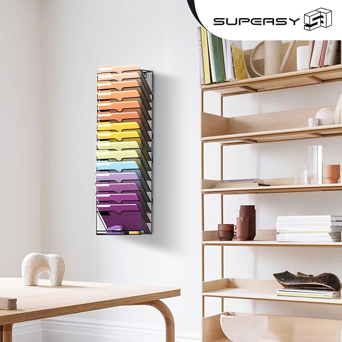 SUPEASY 16-Tier Hanging Wall File Holder Organizer for Papers, Folders, Files Clipboard & Magazine Organization Great for Office Home, Assembly Needed, Black | Paper, Folder, Magazine Rack Great for Office Home School, Assembly Needed, Black