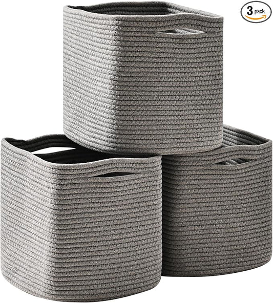ICERZCZ 13 Inch Cube Closet Storage Bins, Woven Cotton Rope Organizer Baskets for Organizing & Shelves, Books, Towels, Clothes, Toys, 13x13x13 in, Grey (Pack of 3)