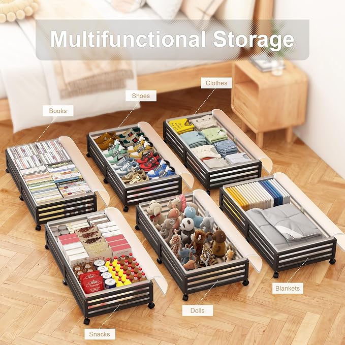 Under Bed Storage with Wheels, 2 Pack Bamboo Drawers for Shoes and Clothes | Fitted dustproof bags, stackable design, smooth pullout access for bedding, blankets, toys and seasonal essentials