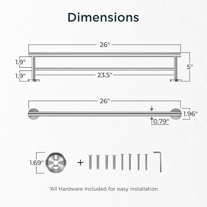 FORIOUS Double Towel Bar 24" Towel Racks for Bathroom Wall Brushed Nickel | Total Length 26 Inch, Rustproof, Stainless Steel Towel Holder, Wall Mounted for Bathroom Bedroom, Heavy Duty, Space Saving
