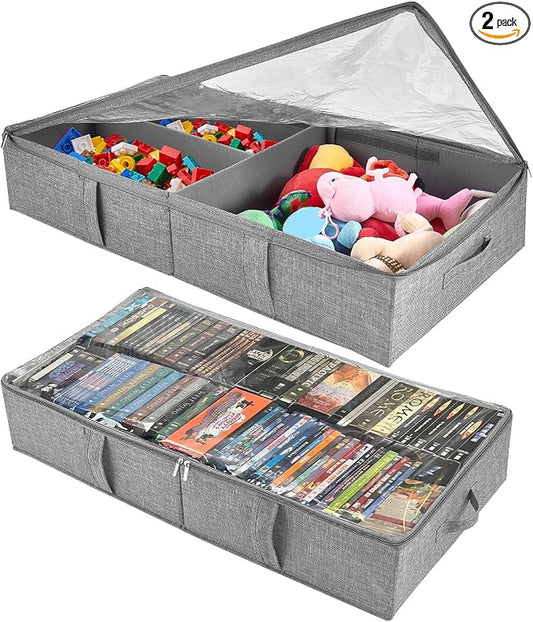 Underbed Storage Containers, 2-Pack Under Bed Toy Storage Boxes with Lids | Foldable Under Couch Storage Bins (31.8×16×5.9in), Clear Lid Toys Organizer for Plush Dolls, Books, Clothes, Shoes & Blankets