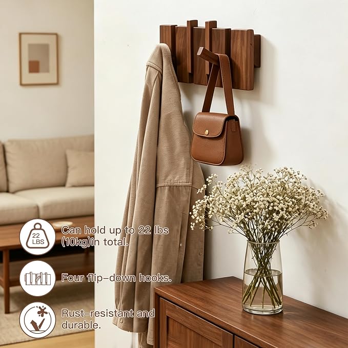 QUELLANCE Wooden Coat Hooks Wall Mounted, Coat Rack Hanger Wall Mount with 4 Hooks, Heavy Duty Coat Hooks for Hanging Coats/Keys/Hats/Robe&Towels/Plants/Bags, Home Decor Gift, Walnut