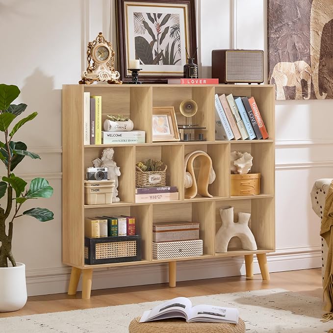 LEYAOYAO 10 Cube Bookshelf,Mid-Century Modern Bookcase with Legs,Light Wood | 3 Tier Book Shelf,Rustic Wood Bookshelves Freestanding Large Storage Organizer, Open Shelves for Bedroom, Living Room, Office