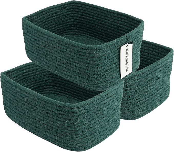 XUANGUO Small Woven Storage Baskets for Shelves, 12" x 8" x 5", Dark Green | Decorative rope storage bins for closets and toy storage; cute organizer baskets, empty gift baskets and nursery storage.
