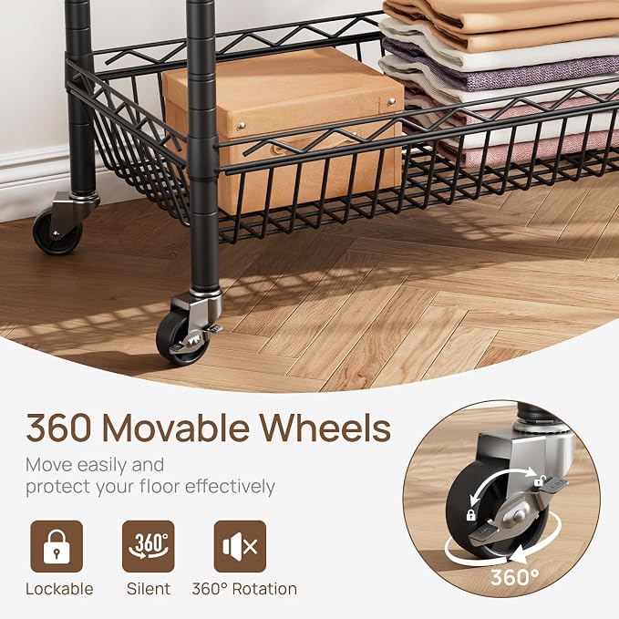 Golpart Heavy Duty Rolling Clothes Rack Wheels Portable Metal Garment Rack | Wardrobe Adjustable Wire Shelving Metal Double Clothing Racks for Hanging Clothes Organizer Closet Laundry Room Organization