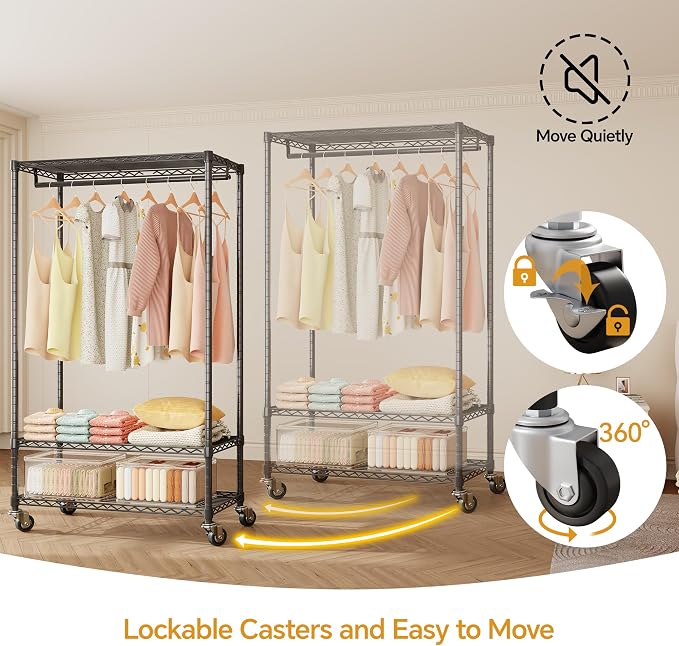 Higeego H4 Plus Rolling Clothes Rack with Cover, Black | Heavy Duty Clothing Rack with Wheels, Portable Closet for Hanging Clothes, Wardrobe Closets Rack with Black Fabric Cover
