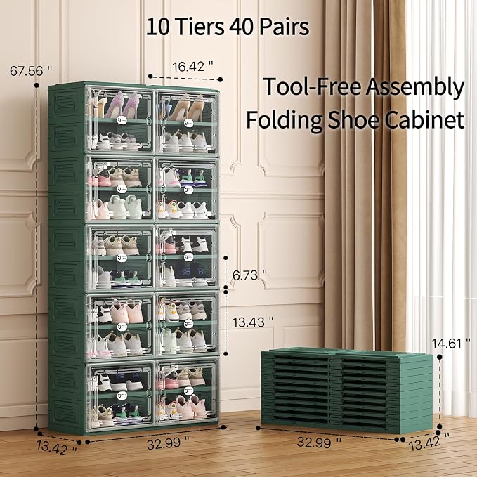 Foldable Shoe Cabinet with Magnetic Clear Doors, Wide Design Shoe Rack for Entryway, Portable Shoe Organizer Meeting Diverse Storage Needs (Green, 2Row 10Tier)