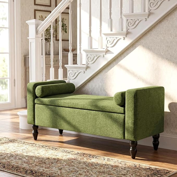End of Bed Bench for Bedroom, 45.7" Linen Storage Ottoman Bench with Removable Pillows, Upholstered Entryway Bench with Solid Wood Legs, Storage Cabinet for Bedroom, Living Room, Entryway, Green