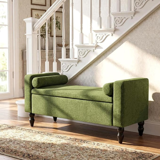 End of Bed Bench for Bedroom, 45.7" Linen Storage Ottoman Bench with Removable Pillows, Upholstered Entryway Bench with Solid Wood Legs, Storage Cabinet for Bedroom, Living Room, Entryway, Green