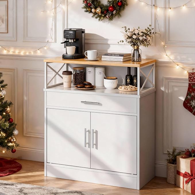 Farmhouse Buffet Sideboard with 2 Doors and 1 Drawer, Open Storage & Adjustable Shelf, Coffee Bar Cabinet for Kitchen/Laundry/Living Room, White