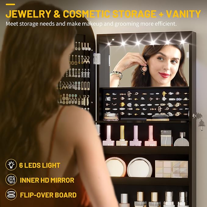 LED Mirror Jewelry Cabinet, Wall/Door Jewelry Organizer, 16" W Black | Lockable Jewelry Armoire with Full Length Mirror, 65 Ring and 108 Earring Slots, Foldable Shelf, Rounded Corner