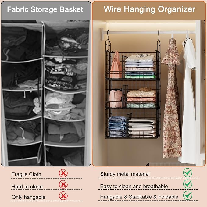 Sonyabecca 3-Tier Extra Large Closet Hanging Organizer with Dividers, Clothes Hanging Shelves with 2 Hanging Hooks & 5 S-Hooks, Wire Storage Baskets for Sweaters, Shoes, Handbags & Accessories