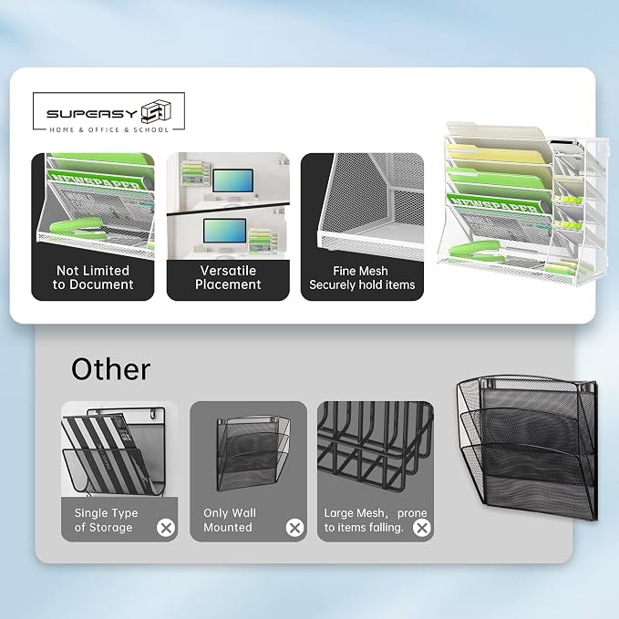 5-Tier Wall File Organizer with 4 Pen Holders and R-Shaped Tray,White | 5-Tier Wall Organizer and Wall File Organizer with 4 Pen Holders and R-Shaped Base for Wall Mount or Desktop Use