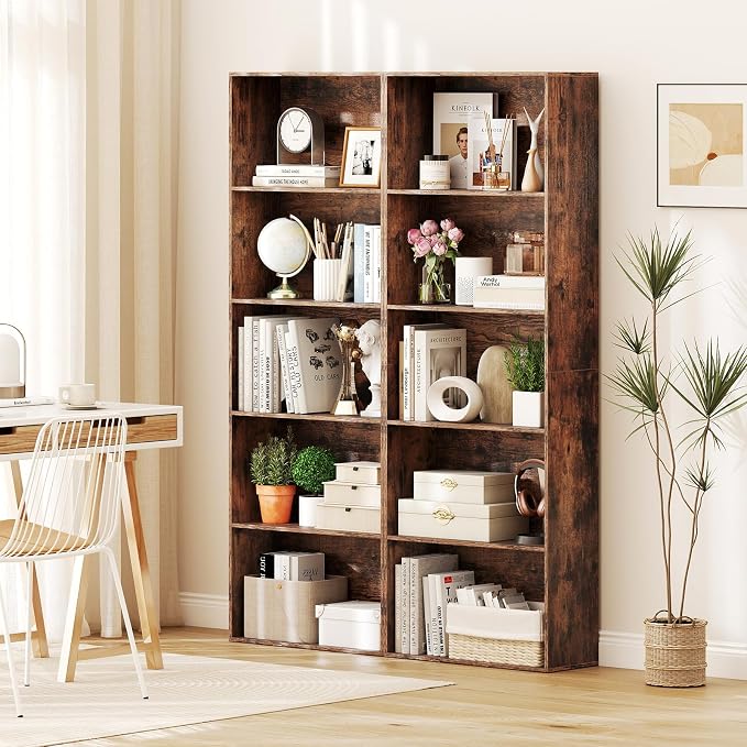 Giantex 5-Tier Bookshelf, Freestanding Bookcase with 5 Open Shelf, Modern Display Shelf, Storage Organizer for Living Room Bedroom Home Office, Rustic Brown