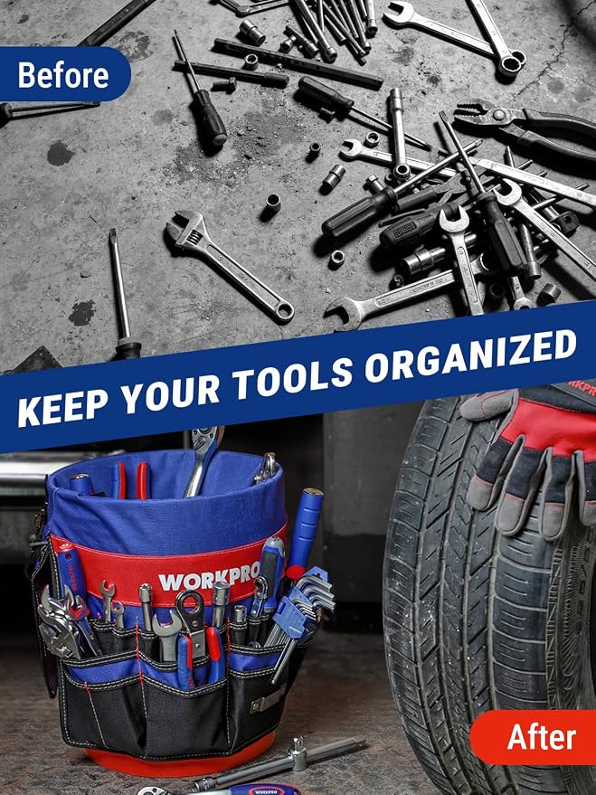 WORKPRO Bucket Tool Organizer with 51 Pockets Fits to 3.5-5 Gallon Bucket (Tools Excluded) | Perfect for Garden, Construction, Carpenter, Electrician, Welding Organize Tools