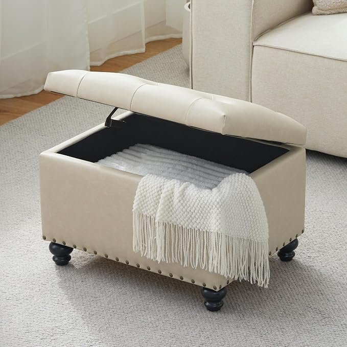 Zihanhome Leather Ottoman with Storage, Upholstered Button Tufted Ottoman Foot Rest, Foot Stools, 24" Rectangle Ottomans with Storage for Living Room, Bedroom, Dorms and Apartments (Beige-PU)