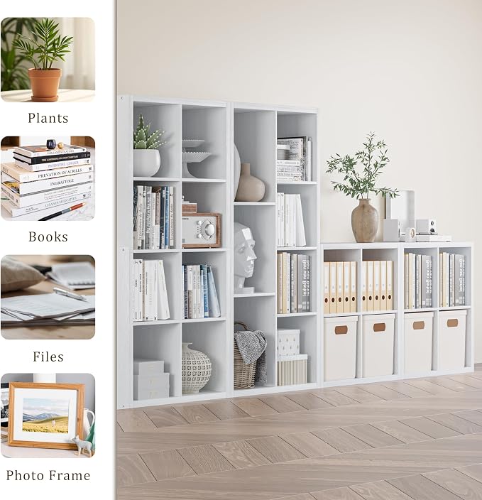 VDNEND Cube Storage Organizer Bookcase, Decorative 11 inch Open Back Cubical Shelf with Thickened Border, Display Bookshelf for Living Room, Home Office, Sturdy Room (White, 7 Cube,Standard)