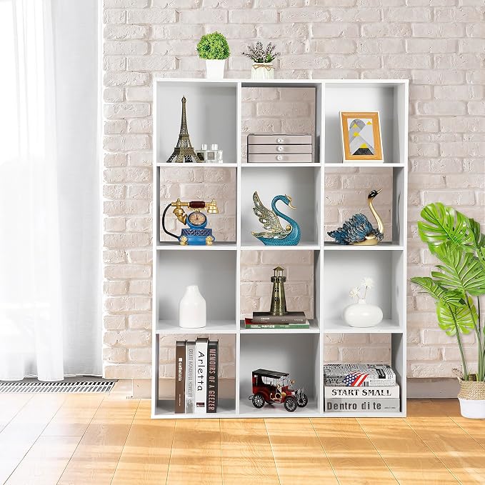 ZenStyle 12 Cube Storage Organizer, Freestanding Bookcase Bookshelf, Modern Multipurpose Display Cabinet for Living Room, Study, Reading Nook, Closet, Bathroom, Office, White