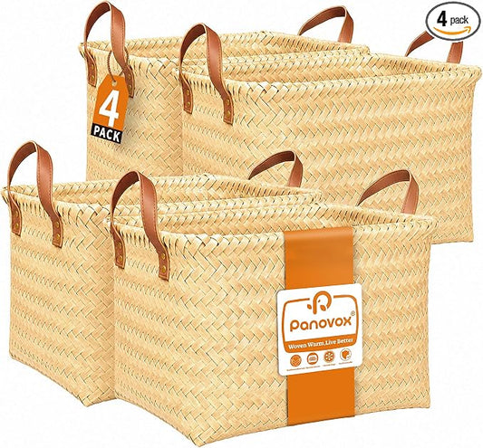 Wicker Storage Baskets, 4 Pack Woven Baskets for Shelves, Yellow | PP Rattan, Water-resistant Wicker Basket, Large Baskets with Faux Leather Handles for Blanket, Laundry Organizer, Room Decor
