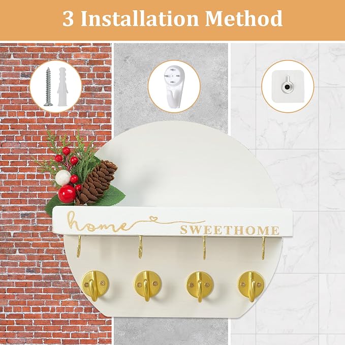 Key Holder for Wall, Key and Mail Holder Organizer - Key Holder Wall Mount with Bouquet Shelf and Key Hooks, Round Wooden Rustic Key Rack for Entryway and Home Decor (White)