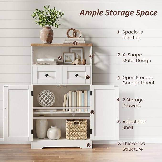 Farmhouse Storage Cabinet Set of 2, Small Kitchen Pantry Coffee Bar Cabinet | Accent Buffet Cabinet Cupboard, 2 Drawers, Barn Doors & Adjustable Shelves, for Kitchen/Entryway/Bathroom, Antique White