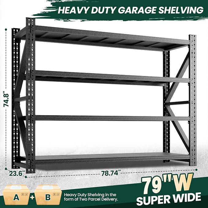 Heavy Duty Garage Storage Shelves 8000LBS Capacity, 79" Wide Metal Shelving Unit, 4-Tier Adjustable Industrial Shelving for Warehouse Basement Shop, 79" W x 24" D x 75" H