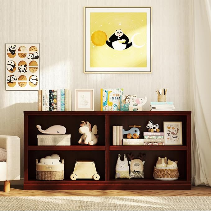 64" W Double Wide Open Shelf Bookcase, 2 Tiers 4 Storage Cube Book Case | Horizontal Bookshelf, Display Cabinet Organizer Indoor Furniture, Home Library Office, Mahogany Adjustable Shelf