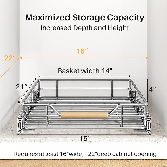 Pull out Cabinet Organizer, 15"W X 21"D, Heavy Duty Smooth Sliding Under Cabinet Shelves for Pots and Pans, Full-Extension Roll out Drawers, Slide out Organization for Home Kitchen Pantry