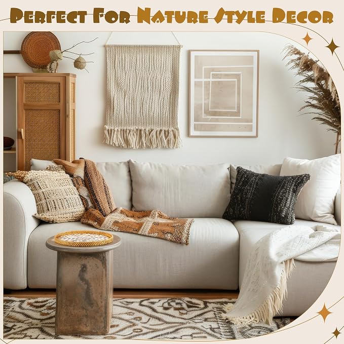 3 Pcs Round Rattan Tray with Mother of Pearl Inlay Wicker Serving Tray with Wooden Base Boho Decorative Wicker Basket for Table Decor Bathroom Candle Perfume(Modern Style)