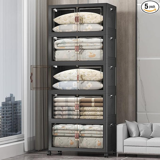 UAMFURI Stackable Storage Bins, 875QT Collapsible Drawers with 2 Lids | Large Capacity, Magnetic Door, Stack Lock, Rolling Wheels, Foldable Design, Organizers and Storage for Bedroom Dorm Garage