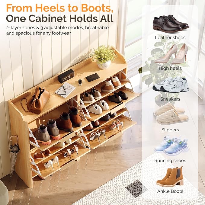VINGLI 43.5" Large Oak Fluted Shoe Storage Cabinet with 4 Flip Drawers, Slim Entryway Shoe Organizer with Unique Curved Side Panels, Natural Wood Shoe Rack for Hallway, High Capacity Hidden Shoe Shelf