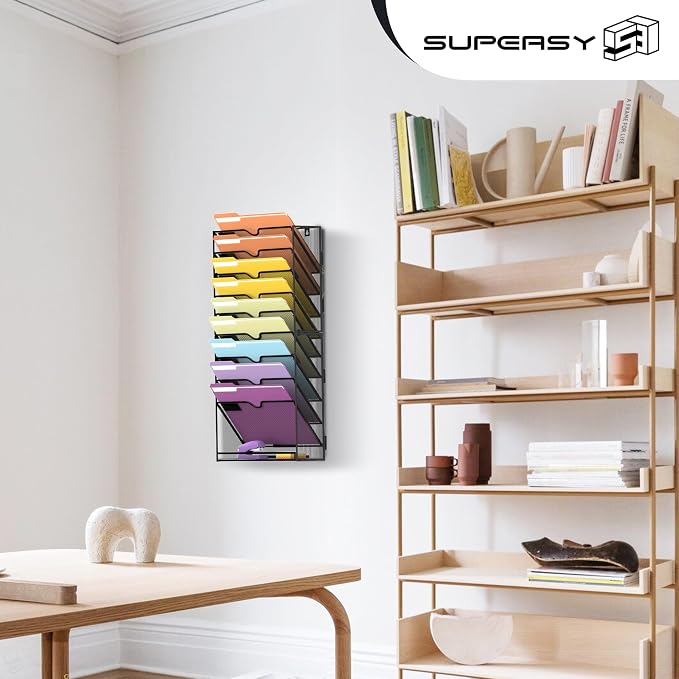 SUPEASY 10Tier Hanging Wall File Holder Organizer for Papers, Folders, Files Clipboard & Magazine Organization Great for Office Home, Assembly Needed, Black | Paper, Folder, Magazine Rack Great for Office Home School, Assembly Needed, Black