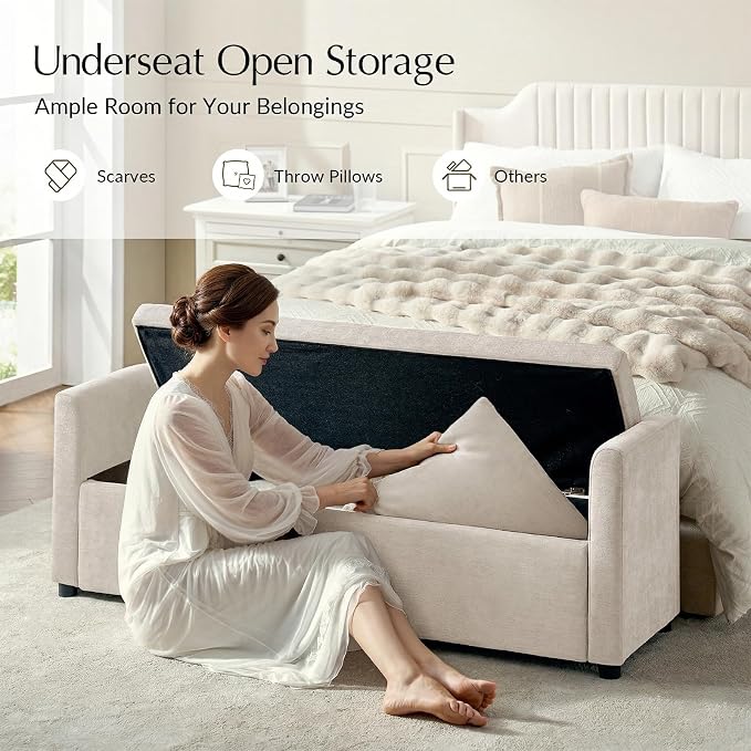 HULALA HOME 59" Storage Bench with 2 Throw Pillows & Armrests, Linen | Modern Long Bedroom Bench for End of Bed, Comfy Upholstered Fabric Footstool for Entryway Living Room