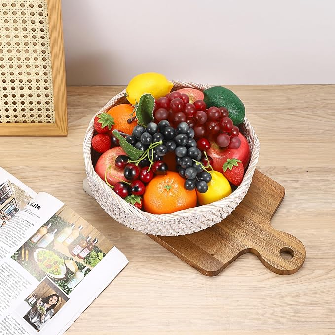 Hipiwe Rattan Key Basket for Entryway Table Handwoven Small Baskets Tray | Decorative Coffee Table Trays Wicker Storage Baskets Bowl Round Fruit Bread Serving Basket Tray, Whitewash