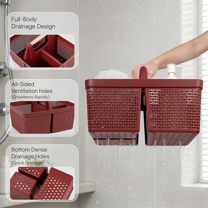 UUJOLY Portable Plastic Shower Caddy Basket with Wooden Handle, Red | Divided Storage Organizer Tote for Bathroom, Dorm, College, Kitchen & RV – Lightweight, Easy-Carry Essentials Caddy