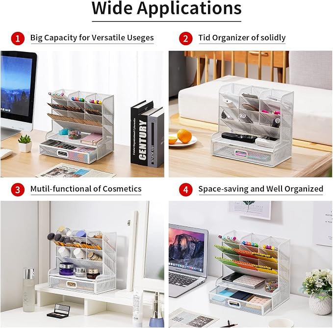 Marbrasse Mesh Desk Organizer - Multi-Functional Pen Holder with Drawer, Desktop Stationary Storage Rack for School, Home, Office, Art Supplies (White Mesh)