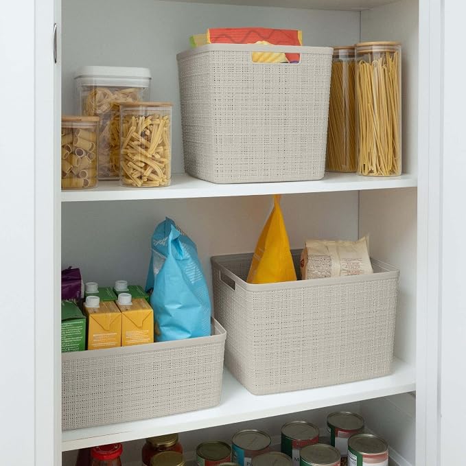 Large Beige Decorative Storage Basket With Woven Jute Look Design, Cutout Handles, 14" X 11" X 9" Organizer For Closet, Bathroom, Kitchen, Office And Home Storage