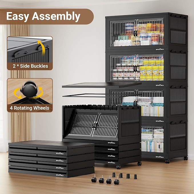 BROVIEW 600 Qt Extra Large Stackable Storage Bins with Lid, Plastic Closet Organizer and Storage Drawer, Collapsible Storage Box with Wheels, Folding Storage Cabinet for Closet Organizing, 3Pack Black