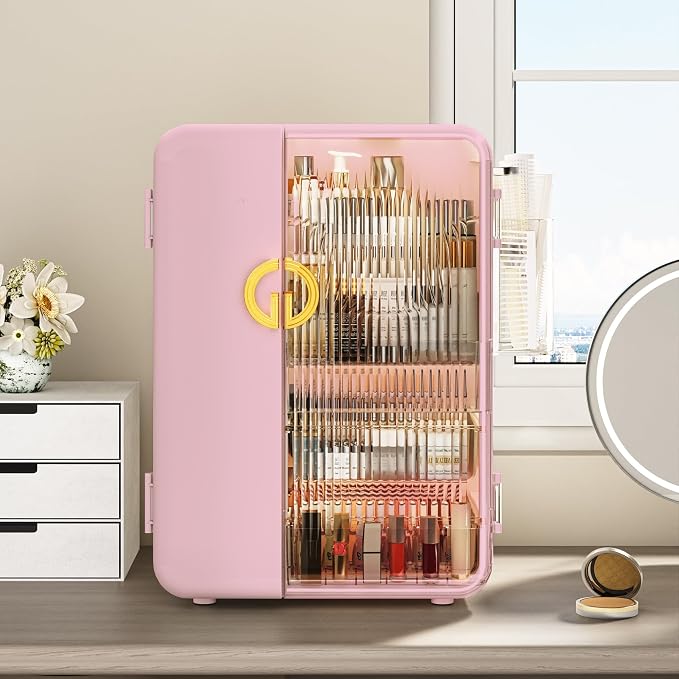 Makeup Organizer for Vanity, Large Capacity Skincare Organizers and Storage with Drawers, Dustproof Cosmetic Display Case for Bathroom Countertop, Trendy Teen Girl Gifts, Pink