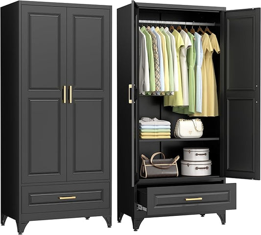 Polup 71" Black Metal Armoire Wardrobe Closet with Doors and 1 Drawer | Heavy Duty Steel Clothing Storage Cabinet, 180lbs Adjustable Shelves, Hanging Rod, for Office, Bedroom, Garage, Laundry