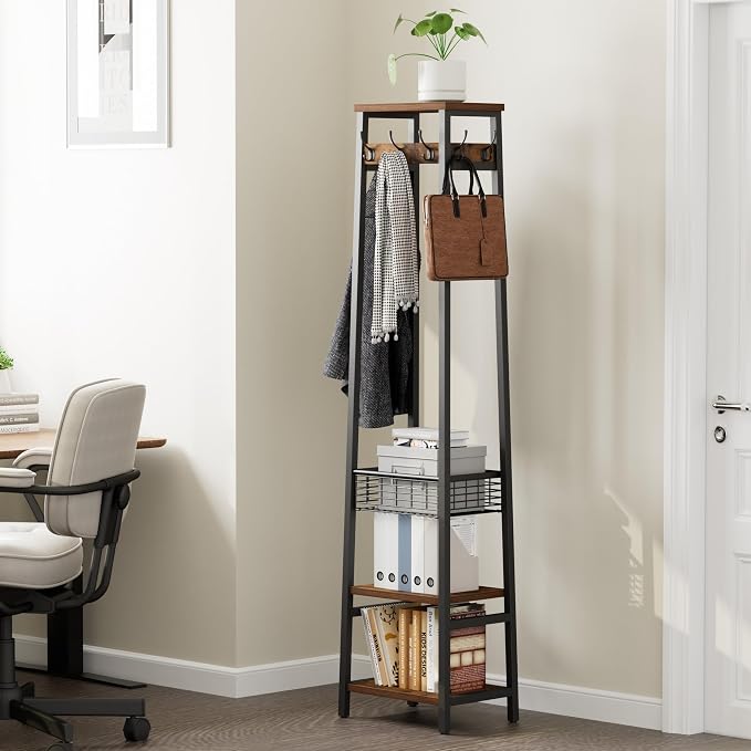 Coat Rack with Metal Basket and Storage Shelves | Coat Stand Freestanding, Hall Tree With and 7 Hooks, Clothes Rack Stand Organizer, Rustic Brown and Black