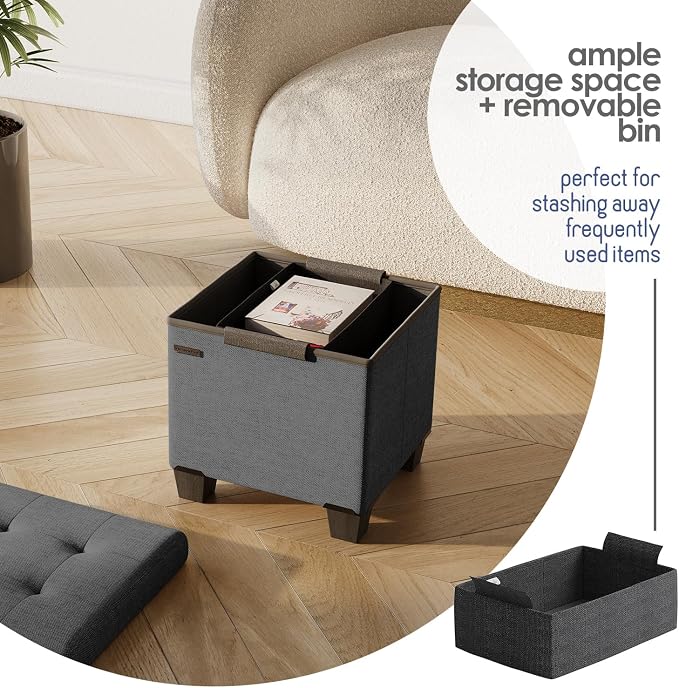 Storage Ottoman Cube with Small Bin, 15-in Square Ottoman with Storage for Living Room and Bedroom, Small Ottomans Foot Rest, Fabric Foot Stools Ottomans Max 330lbs, Grey
