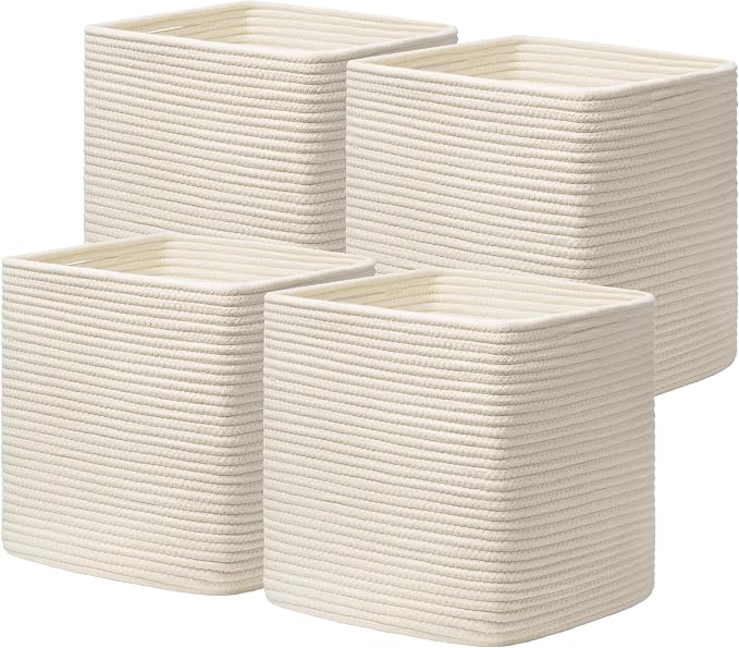 joybest 11inch Cube Storage Bins, Cotton Rope Woven Organizer Basket | Set of 4 Cube Bin Square Shelves Organizer Closet Storage, Nursery, Toy Organization, Beige