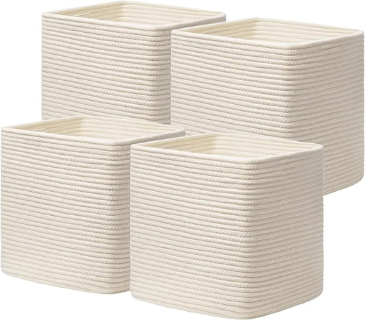 joybest 13inch Cube Storage Bins, Cotton Rope Woven Organizer Basket | Set of 4 Cube Bin Square Shelves Organizer Closet Storage, Nursery, Toy Organization, Beige