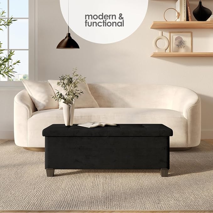 Storage Ottoman Bench with Bins, 43-in Storage Bench for Bedroom End of Bed, Folding Foot Rest Ottoman for Living Room Max 660lbs, Velvet Ottomans, Black