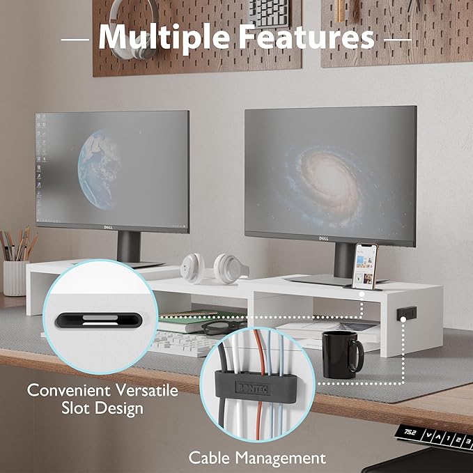 BONTEC Dual Monitor Stand Riser, Adjustable Length & Swivel Angle, White | Ergonomic Wooden Desktop Organizer with Smartphone Holder, Computer Monitor Stand for PC, Laptop, Printer and Large Storage