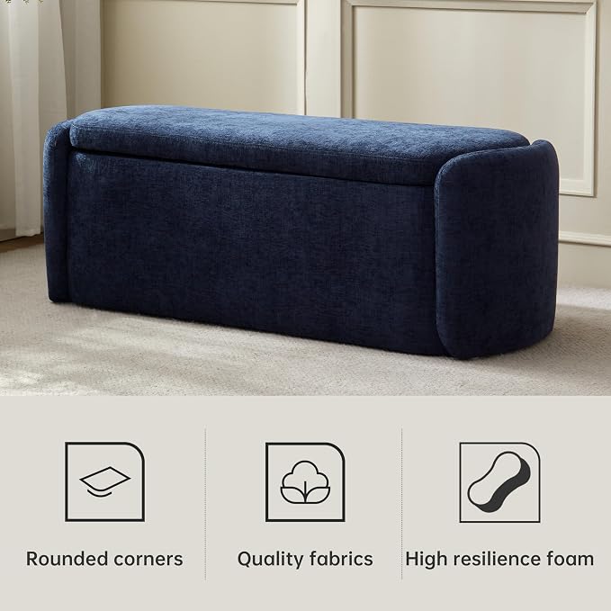 VKNOW Storage Bench, Upholstered Storage Ottoman Bench with Hinge, Navy | Ottoman Bench with Large Capacity, Curved Frame, Soft Fabric, Storage Bench for Bedroom, Living Room, Entryway, Window